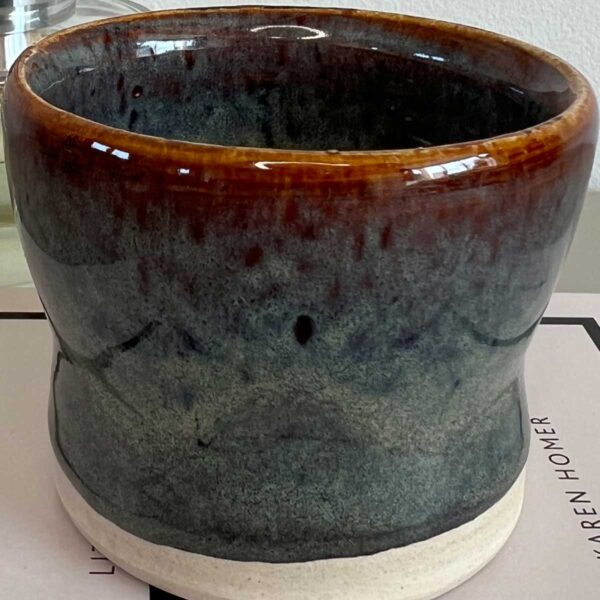 small ceramic pot blue copper warm tones