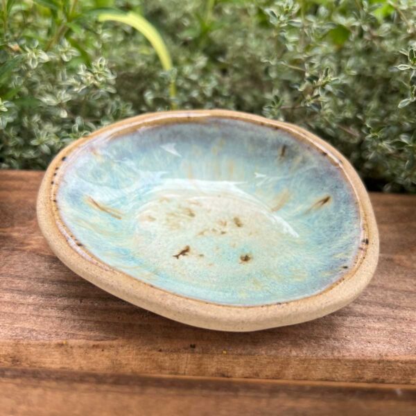 organic shape handmade dish part glazed turquoise