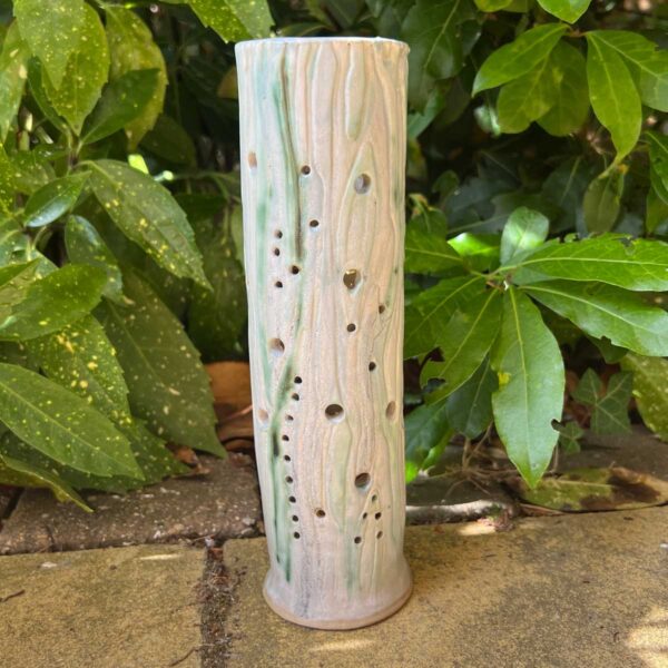 ceramic lantern tree bark design 23cm shown outside