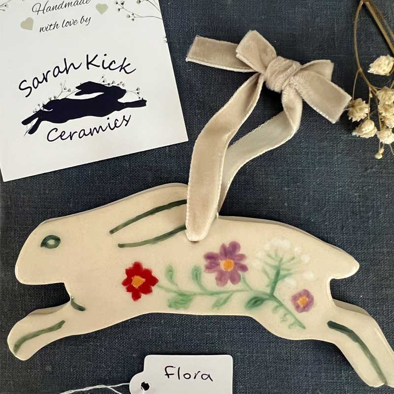 hanging ceramic hares